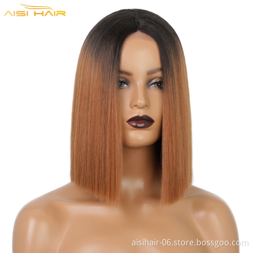 Aisi Short Bob Lace Front Wig for White Black Women 14 Inch Middle Part Straight Bob Wig Synthetic Black Color Wig
